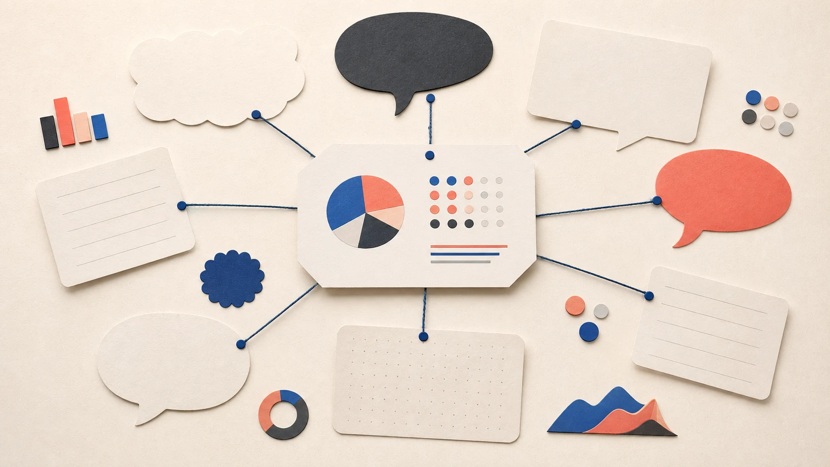 Réseau éditorial en papier reliant une fiche de données à des cartes de questions et de conversation
