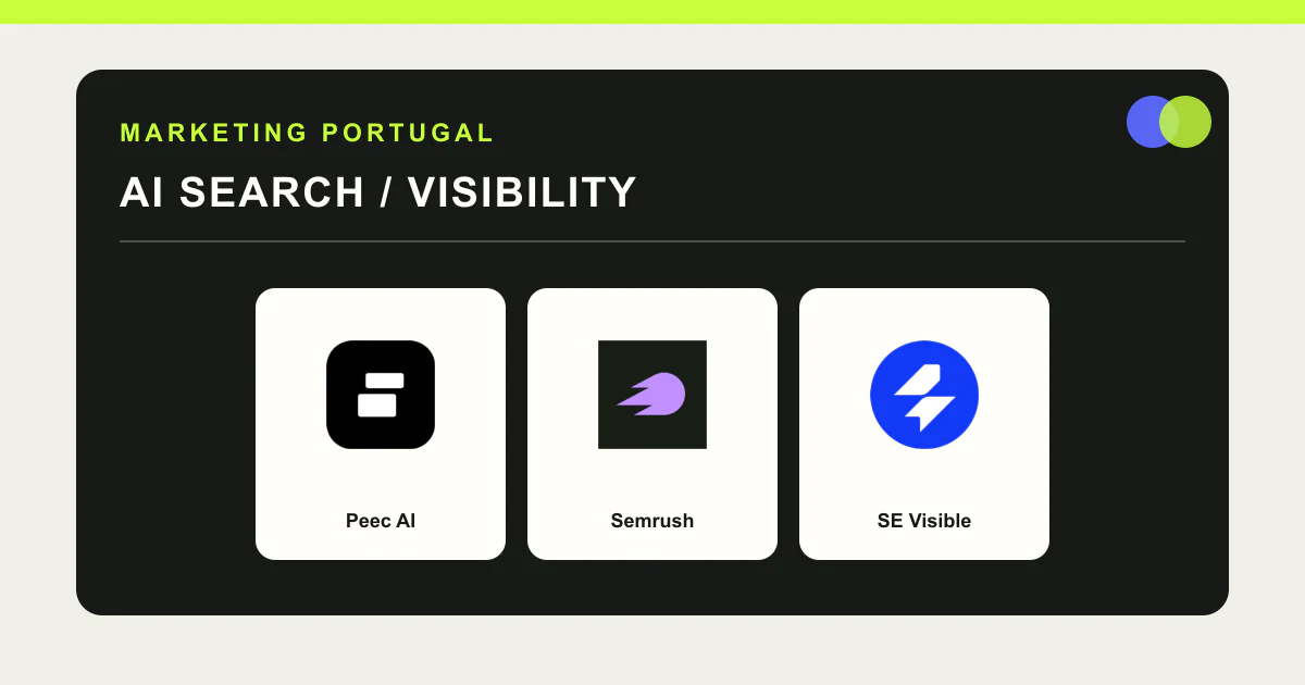 Logótipos Peec AI, Semrush e SE Visible numa comparação de visibilidade em pesquisa com IA